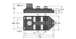 'Rysunek techniczny złącza elektrycznego z wymiarami w milimetrach, włączając różne widoki boczne i czołowe.'