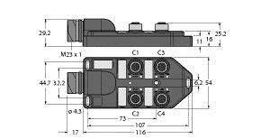 Rysunek techniczny prostokątnego złącza wtykowego z wymiarami i szczegółami gwintów. Przedstawia widok z boku i widok z góry z dokładnymi pomiarami.