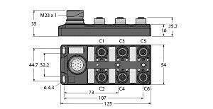Rysunek techniczny elektrycznego modułu rozdzielczego z przyłączami. Przedstawiono wymiary i złącza. Główne wymiary: 107 mm szerokości, 125 mm długości.