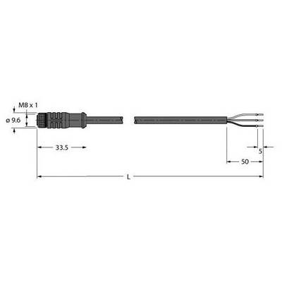 'Rysunek wtyczki elektrycznej z wymiarami: M8 x 1, całkowita długość 50 mm, średnica kabla 5 mm. Głowica wtyczki Ø9,6 mm, długość 33,5 mm.'