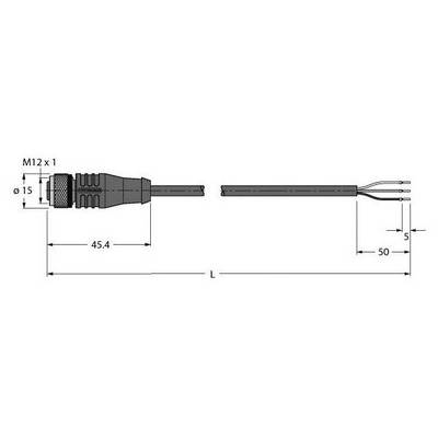 Rysunek techniczny złącza M12 z wymiarami: długość 45,4 mm, średnica 15 mm. Końce przewodów są otwarte.