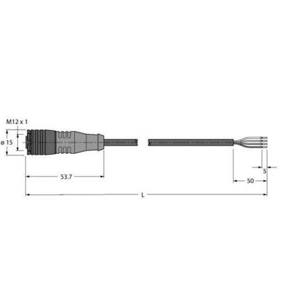 Diagram złącza M12 z wymiarami. Po lewej wtyk, zaznaczona długość 53,7 mm. Po prawej kabel z zaznaczoną długością 50 mm, całkowita długość 'L'.