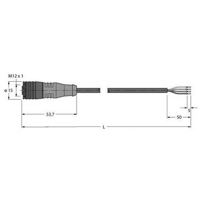 Rysunek techniczny złącza M12 z wymiarami: Ø15 mm, długość 53,7 mm, kabel 50 mm, pozostałe wymiary i szczegóły kabla widoczne.