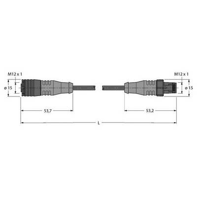 Schemat wtyczki M12 w widoku czołowym, z podanymi wymiarami: długość wtyczki 53,7 mm oraz 53,2 mm, średnica 15 mm.