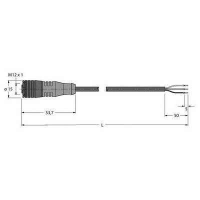 Rysunek techniczny złącza M12 z wymiarami: długość całkowita 53,7 mm, długość przewodu 50 mm, średnica 15 mm.