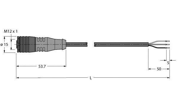 Złącze z gwintem M12 x 1, całkowita długość 53,7 mm, średnica kabla 5 mm, końce kabla z odkrytymi żyłami, oznaczenie zacisków.