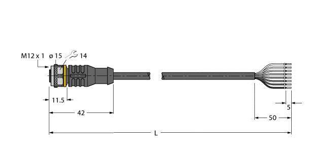 Rysunek techniczny złącza. Szczegóły: gwint M12 x 1, całkowita długość 'L', długość wtyczki 42 mm, odstęp kabla 5 mm.