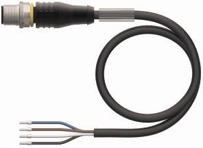 Czarny przewód elektryczny z metalowym wtykiem i czterema kolorowymi przewodami na przeciwnym końcu, ułożonymi w pętlę.