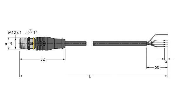 Rysunek techniczny złącza M12 z wymiarami: wtyk 52 mm, odsłonięte przewody 50 mm, całkowita długość L zmienna.