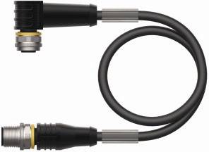 Czarny kabel z metalowymi wtyczkami na obu końcach, ułożony w luźnym łuku. Posiada żółte pierścienie akcentowe przy wtyczkach.