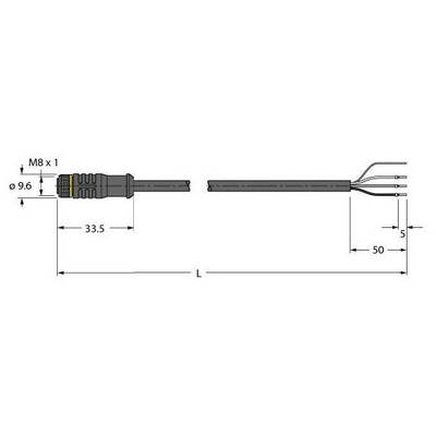 Wtyczka kablowa M8 x 1 o wymiarach: całkowita długość 'L', zakres wtyczki 33,5 mm, średnica 9,6 mm, osobne długości kabli, odstęp 50 mm.