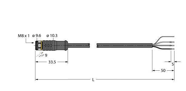 Złącze wtykowe: M8x1, średnica 9,6 mm i 10,3 mm, długość 33,5 mm. Odcinki przewodu: 5 mm, 50 mm, łącznie: L.