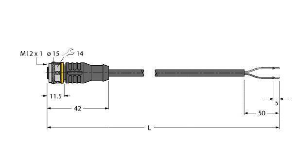 Rysunek techniczny złącza M12 z przewodem. Oznaczenia: M12 x 1, ⌀15, ⌀14, długości 11,5 mm, 42 mm, 50 mm.