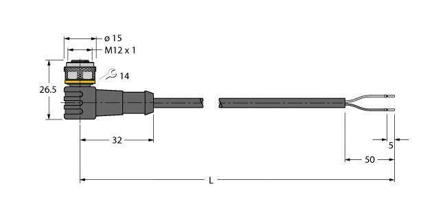 Rysunek techniczny przedstawia wymiary wtyczki: gwint M12 x 1, całkowita długość 32 mm, kabel o długości 50 mm, średnicy 15 mm.