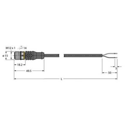 Rysunek techniczny złącza M12 z przewodem. Wymiary: średnica 15 mm, długości 18,2 mm, 49,5 mm, końcówki przewodu 5 mm, całkowita 50 mm.
