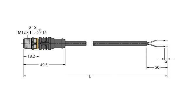 Rysunek techniczny złącza z podanymi wymiarami: długość wtyczki 49,5 mm, średnica przewodu 5 mm, gwint M12 x 1.