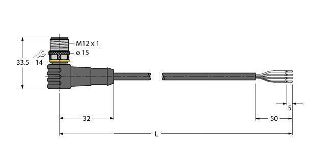 Rysunek techniczny złącza M12 z wymiarami: wysokość 33,5 mm, długość 32 mm, pozostałość kabla 50 mm. Typ złącza M12 x 1.