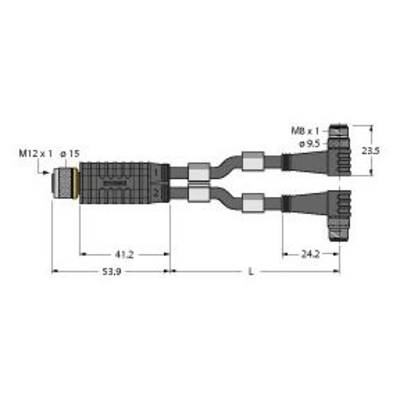 Diagram złącza elektrycznego z przyłączami M12 i M8. Wymiary wtyczek i przewodów podane są w milimetrach.