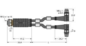 Rysunek techniczny adaptera Y z wymiarami i złączami. Adapter posiada wtyk M12 i dwa gniazda M8. Długości: 41,2 mm, 53,9 mm, 24,2 mm.