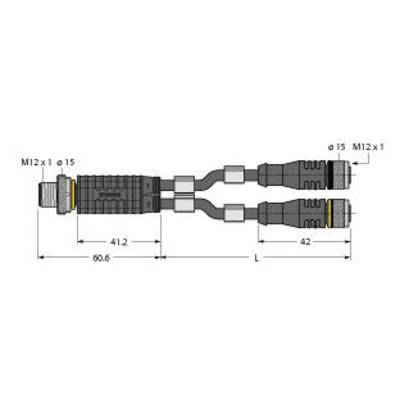 Rysunek techniczny rozgałęziacza T M12 z wymiarowaniem: Po lewej wtyk M12, po prawej dwa gniazda M12. Wymiary podane w milimetrach.