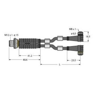 Rysunek techniczny przewodu łączącego M12 z wymiarami i złączami. Główne wymiary: M12x1 ø15, 60,6 mm.