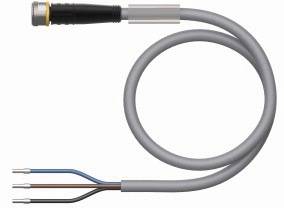 Szary kabel koncentryczny z czarną wtyczką na jednym końcu i trzema odsłoniętymi przewodami w kolorach niebieski, brązowy i szary na drugim końcu.