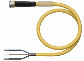 Żółty kabel z czarnym zakończeniem i trzema odkrytymi przewodami: niebieskim, brązowym i szarym. Złącze do połączeń elektrycznych.