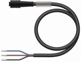 Czarny kabel zakończony okrągłym złączem z jednej strony oraz trzema nieosłoniętymi przewodami w kolorach niebieski, brązowy i czarny z drugiej strony.