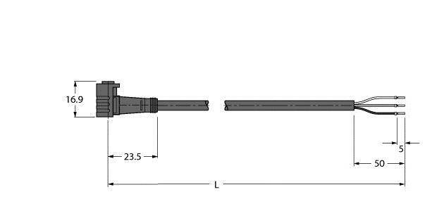 Rysunek techniczny wtyczki z wymiarami: 16,9 mm wysokości, 23,5 mm szerokości, 50 mm długości przewodu. Widok z góry produktu.