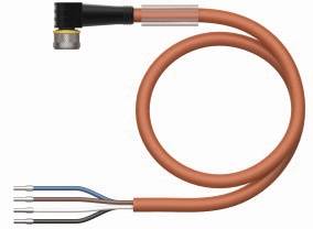 Pomarańczowy kabel z czarnym złączem i czterema niepodłączonymi przewodami na drugim końcu.