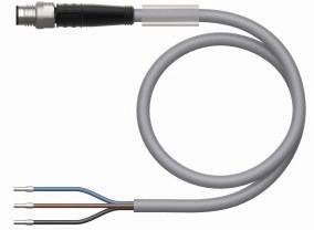 Szary kabel elektroniczny z trzema kolorowymi, nieosłoniętymi przewodami jest pokazany w zakrzywionej pozycji.