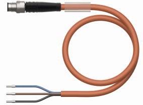 Pomarańczowy kabel o trzech końcówkach: niebieskiej, brązowej i czarnej, z metalowym wtykiem na jednym końcu. Kabel jest luźno zwinięty.