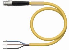 Żółty kabel z trzema wystającymi przewodami przymocowanymi do metalowego złącza.