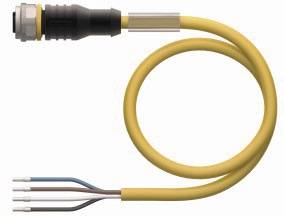 Żółty kabel z czarną wtyczką oraz czterema odkrytymi przewodami w kolorach czarnym, brązowym, niebieskim i białym.