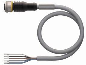 Szary kabel z czarną wtyczką po jednej stronie i pięcioma kolorowymi przewodami po drugiej stronie, wygięty w pętlę.