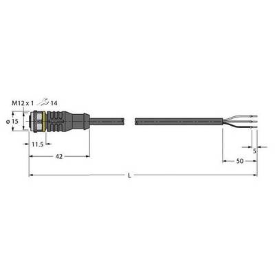 Rysunek techniczny złącza z przewodem. Wymiary: średnica 15 mm, długość 42 mm, całkowita długość L, przewód 50 mm, gwint M12x1.