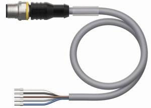 Okrągły przewód elektryczny z wtyczką na górnym końcu i odkrytymi, kolorowo oznaczonymi przewodami na dolnym końcu, umieszczony na białym tle.