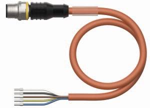 Pomarańczowy kabel z wieloma przewodami na jednym końcu i okrągłą wtyczką na drugim, przeznaczony do połączeń elektrycznych.