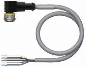 Szary, spiralny kabel z pięcioma kolorowymi przewodami na jednym końcu i czarną wtyczką na drugim końcu.