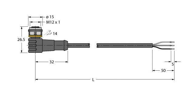Rysunek techniczny złącza M12, przedstawiający wymiary: średnica 15 mm, długość 32 mm, z podłączeniami kabli po prawej stronie.