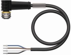 Czarny kabel z metalowym złączem i kolorowymi przewodami na końcu, stosowany do połączeń elektrycznych w zastosowaniach przemysłowych.