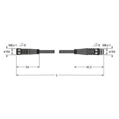 Złącze wtykowe z połączeniami śrubowymi. Długość lewa: 34 mm, prawa: 41,2 mm. Długość całkowita L. Złącza: M8 x 1, średnica 9,6 mm.