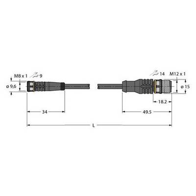 Rysunek przedstawia dwa wtyki kablowe z gwintem M8 i M12. Podane są wymiary: 34 mm i 49,5 mm odpowiednio dla wtyczek, średnica 9,6 mm i 15 mm.