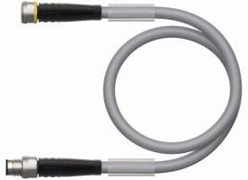 Szary, zakrzywiony kabel z czarnymi wtyczkami na obu końcach.