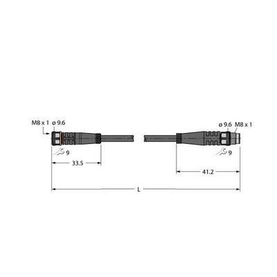 Rysunek wtyczki M8 z podanymi wymiarami: całkowita długość 'L', wtyczka z przodu 33,5 mm, z tyłu 41,2 mm. Średnica 9,6 mm.