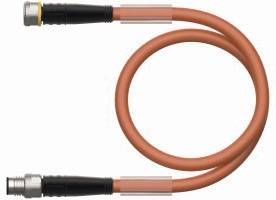 Pomarańczowy, okrągły kabel z dwoma czarnymi wtyczkami na końcach, ułożony jest w formie pętli.