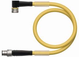 Żółty, spiralnie skręcony kabel z czarnymi końcówkami i metalowymi złączami, ułożony w pętlę.