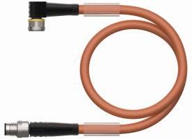 Pomarańczowy, skręcony przewód z czarną wtyczką na każdym końcu, odpowiedni do elektronarzędzi lub urządzeń.