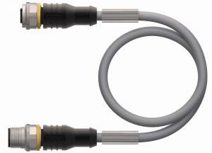 Czarny kabel z metalowymi wtyczkami na obu końcach, ułożony w półpętli.
