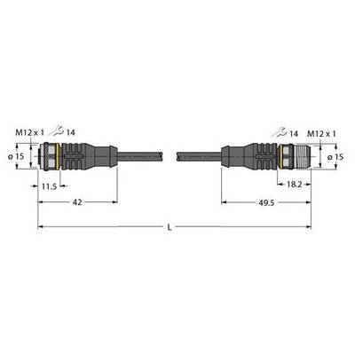 Diagram złącza z dwoma końcami. Lewy koniec: długość 42 mm, średnica 11,5 mm. Prawy koniec: długość 49,5 mm, średnica 18,2 mm.